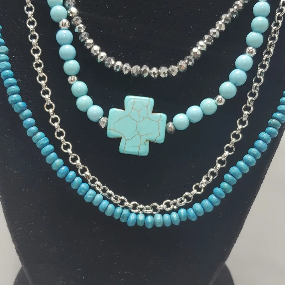 Bke silver chain with turquoise beads 4 strand necklace - Picture 2 of 4